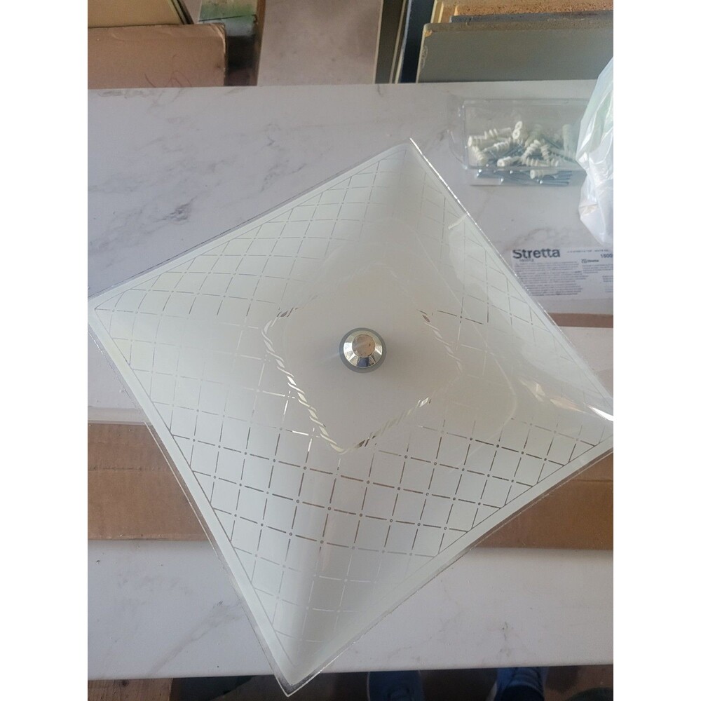Vtg MCM Square Glass Diamond pattern Ceiling Light Cover Shade Fixture  12”x12 - Picture 7 of 13